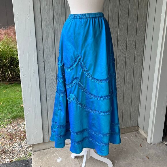 VTG 90s Indigo Moon Iridescent Blue Bias Cut Maxi Skirt Ruffle Trim SZ M - Picture 5 of 12
